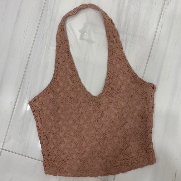 🌴 GARAGE Dusty Rose Crochet Halter Crop Top 🌴 - Picture 1 of 6